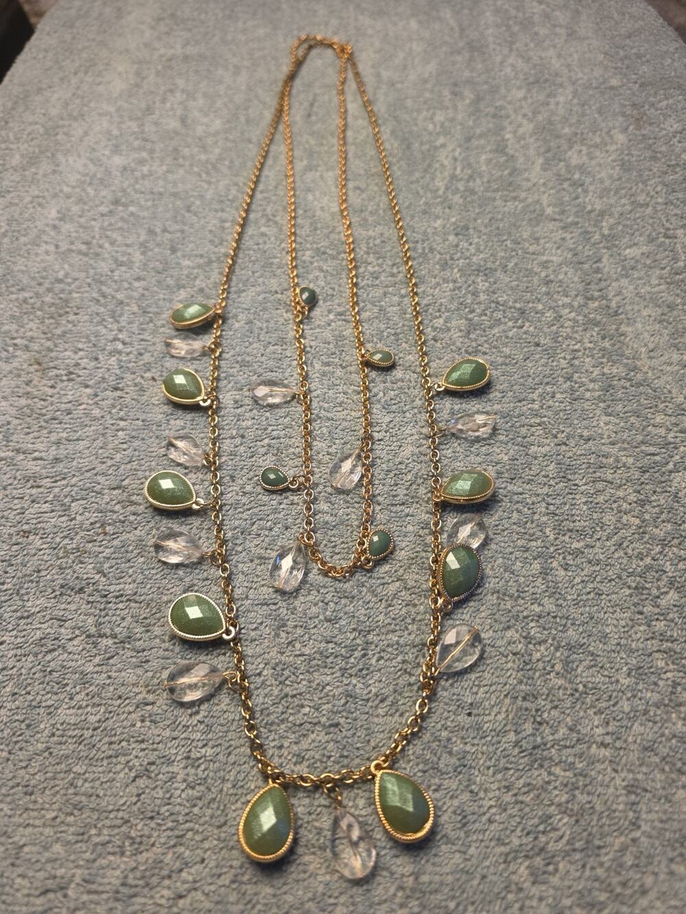 Vintage Layered Gold Chain Necklace Sage Green Clear Quartz Teardrop Charm Boho